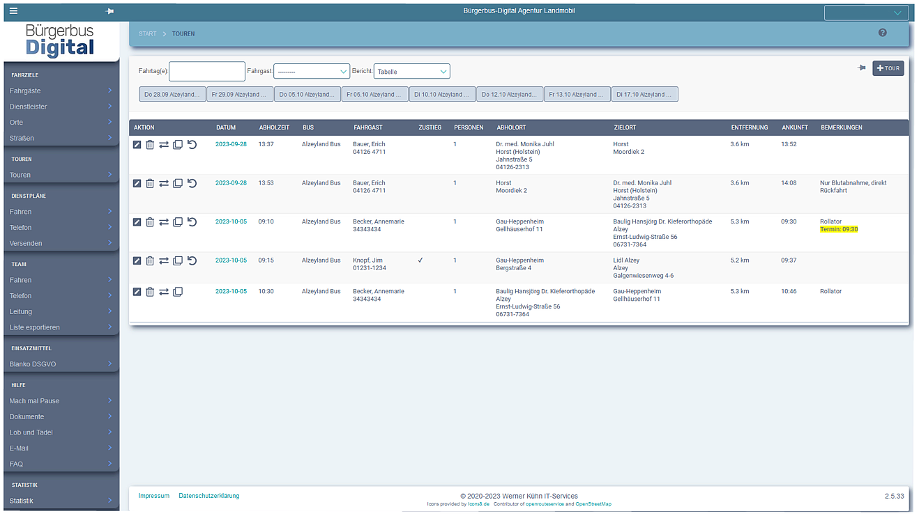 So sieht der Fahrplan für den Bürgerbus aus. Screenshot (c) Bürgerbus Digital/Agentur Landmobil/Werner Kühn