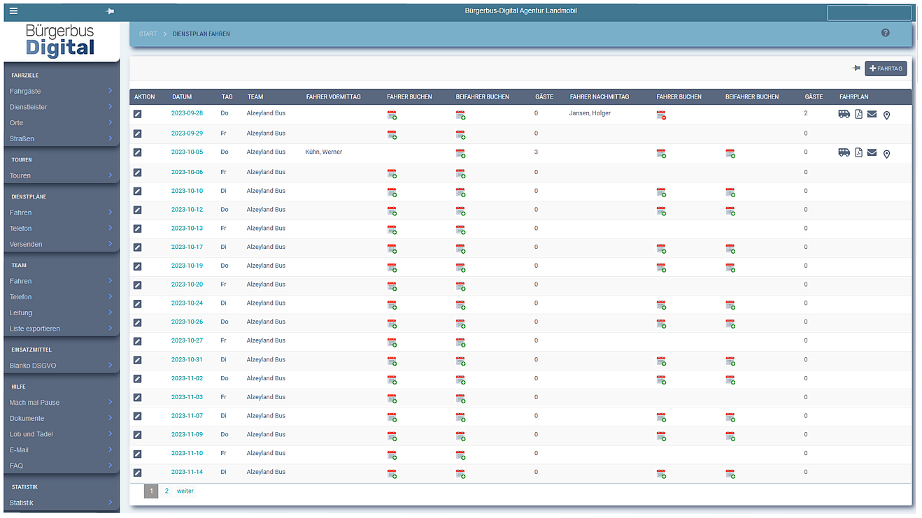 So sieht der Dienstplan für den Bürgerbus aus. Screenshot (c) Bürgerbus Digital/Agentur Landmobil/Werner Kühn