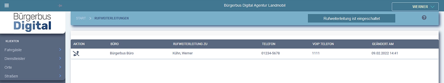 Die eingeschaltete Rufweiterleitung wird im Programm angezeigt. Nach Ende des Telefondienstes für den Bürgerbus wird die Rufumleitung wieder ausgeschaltet und eine eventuelle Bandansage aktiviert. (c) Bürgerbus Digital/Agentur Landmobil/Werner Kühn