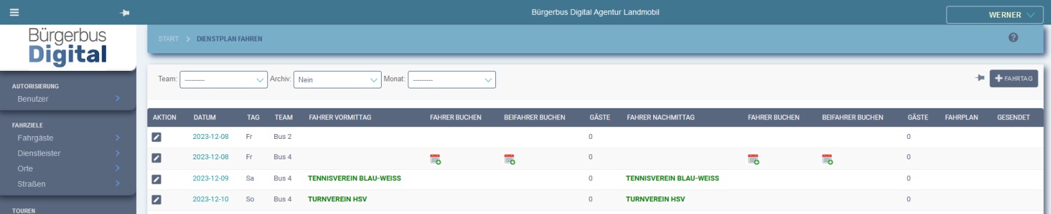 Die eingetragenen Vereine werden im Fahrplan angezeigt. Eine Buchung regulärer Bürgerbusfahrten an diesen Tagen wird damit verhindert. (c) Bürgerbus Digital/Agentur Landmobil/Werner Kühn